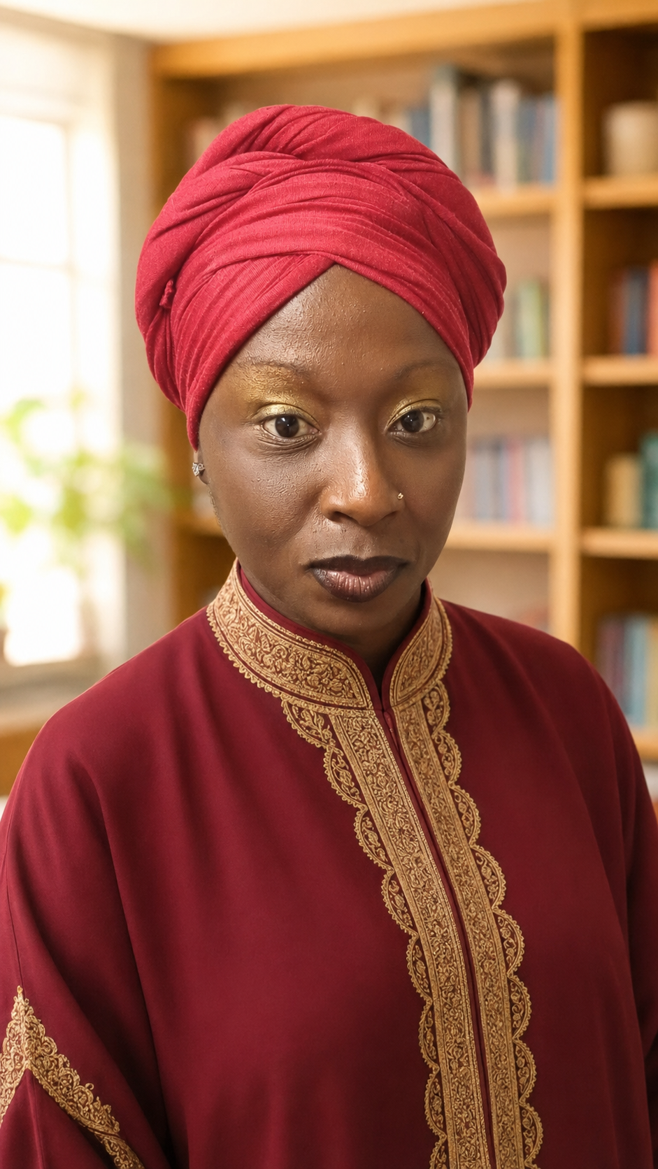 Administrator Sakara Saliymah Nile Bey wearing a red turban and Islamic garb