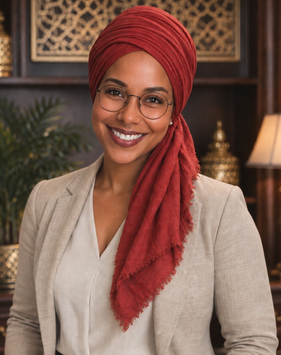 Instructor Sistar Ashé wearing a red turban and professional attire